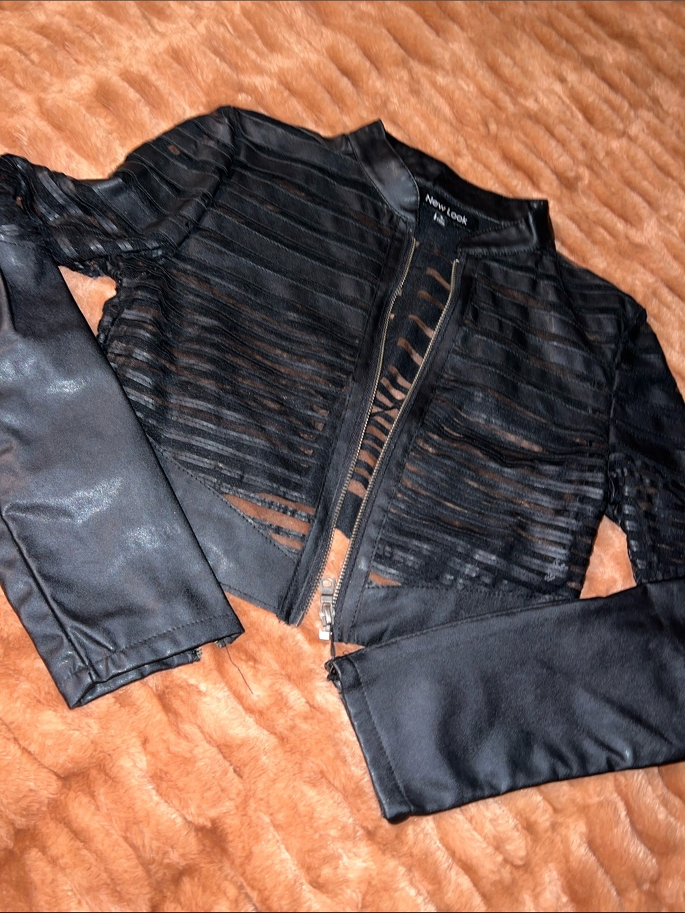 New Look Black Sheer-Panel Faux Leather  Jacket